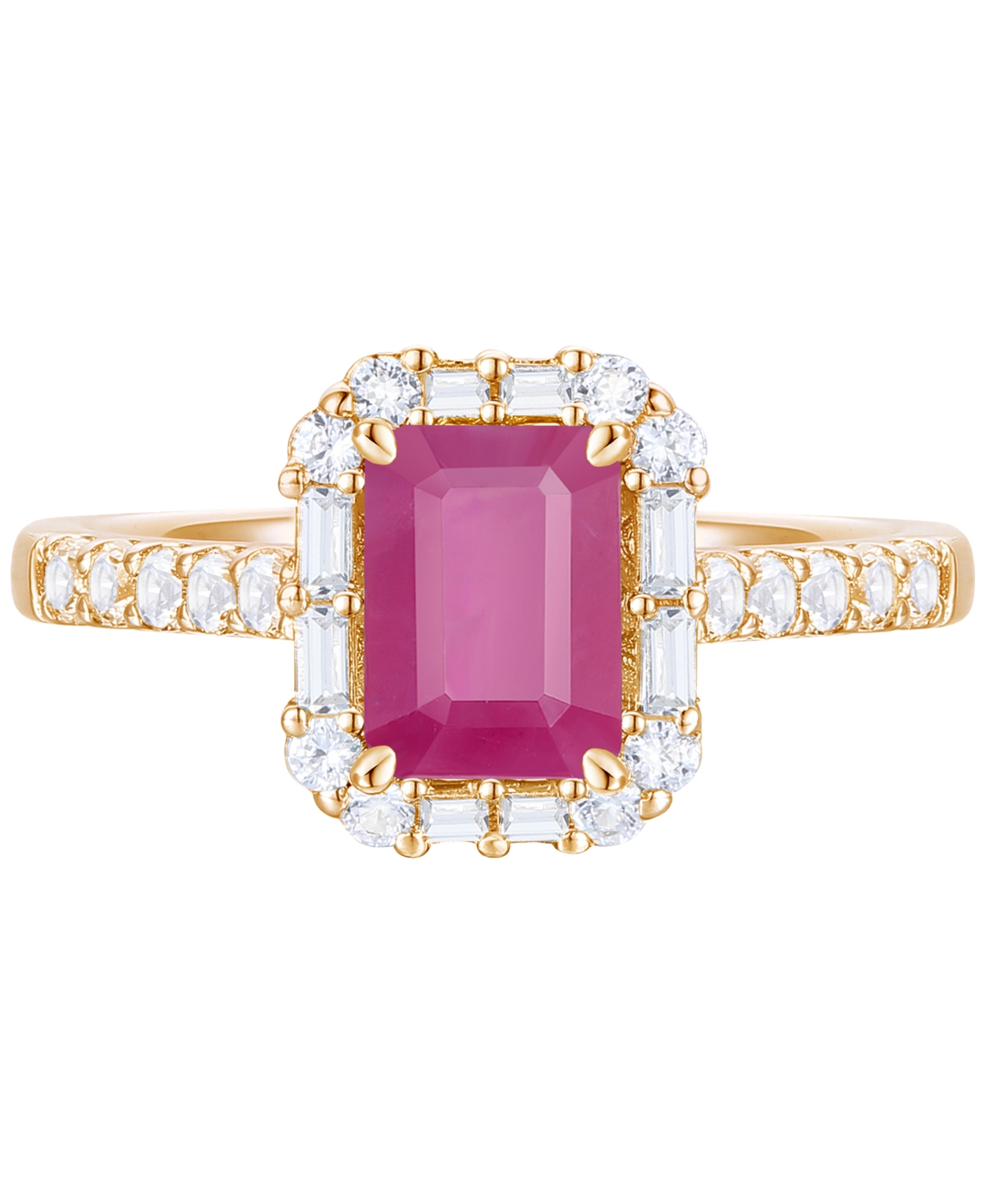 Macy's Emerald (1 Ct. T.w.) & Diamond (3/8 Ct. T.w.) Round & Baguette Halo Ring In 14k Gold (also In Ruby &