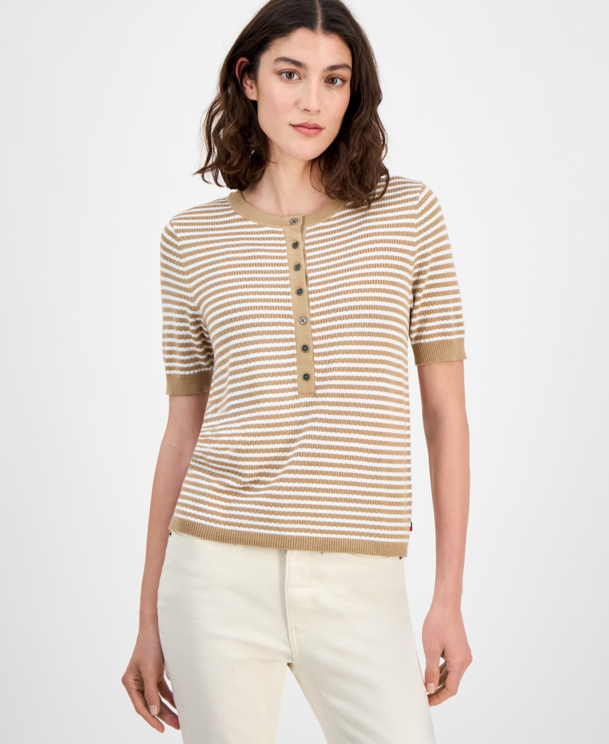 Women's Striped Henley Sweater - Sky Captain/ Ivory
