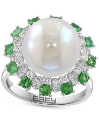 EFFY Collection - Cultured Freshwater Pearl (11mm), Green & White Diamond (1-1/5 ct. t.w.) Statement Ring in 14k White Gold
