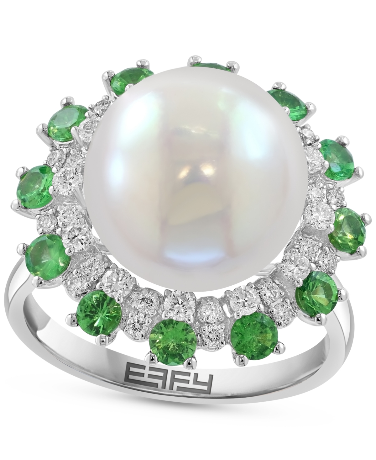 Effy Collection Effy Cultured Freshwater Pearl (11mm), Green & White Diamond (1-1/5 Ct. T.w.) Statement Ring In 14k  In Gold