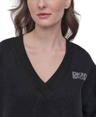 Women's Rhinestone-Logo V-Neck Pullover Top