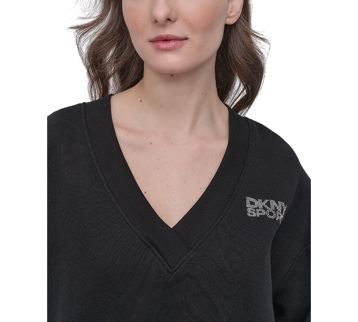 Dkny Sport Women's Rhinestone-logo V-neck Pullover Top In Black