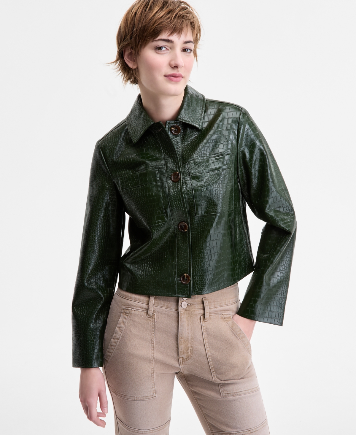 Juniors' Croc-Embossed Faux-Leather Barn Jacket - Black