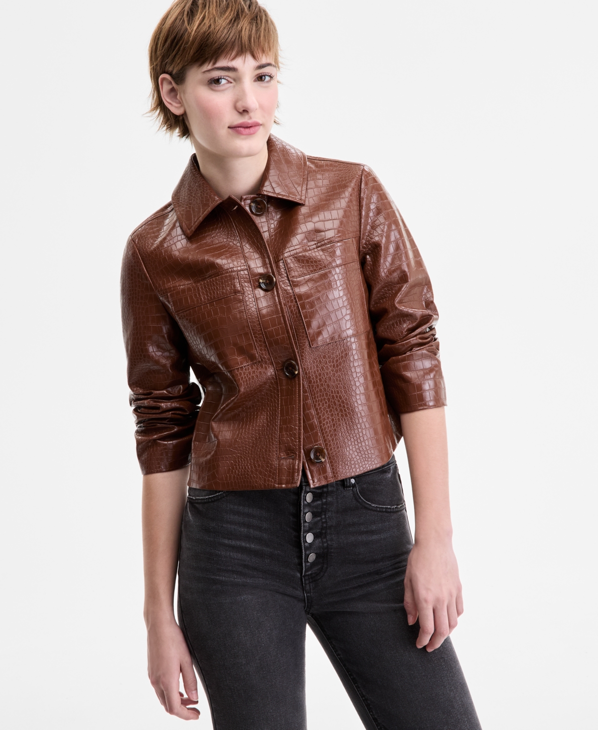 Juniors' Croc-Embossed Faux-Leather Barn Jacket - Black