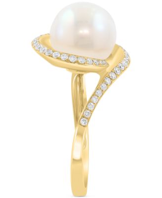 EFFY&reg; Cultured Freshwater Pearl (10mm) & Diamond (1/4 ct. t.w.) Swirl Statement Ring in 14k Yellow Gold