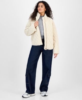 Juniors' Quilted Corduroy Zip-Front Coat