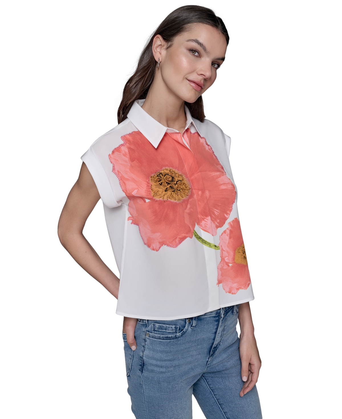 Karl Lagerfeld Petite Big Flower Print Button-front Blouse In White