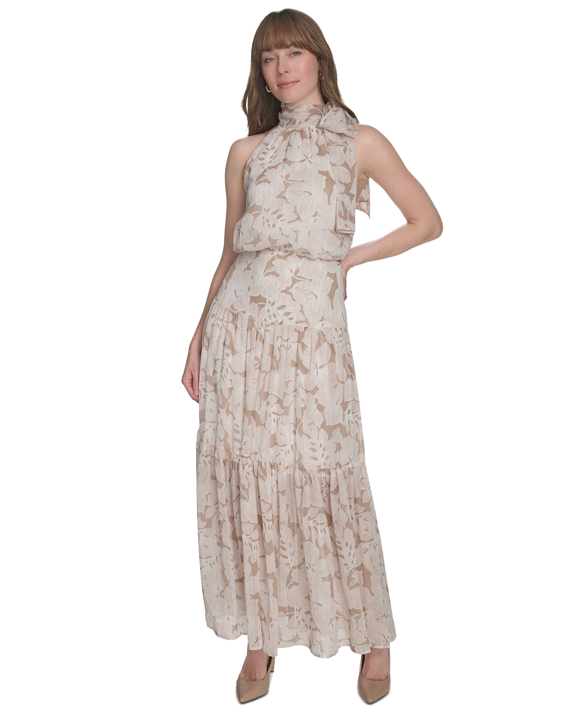 Women's Side-Tie Halter Tiered Maxi Dress - Sand/Ivory