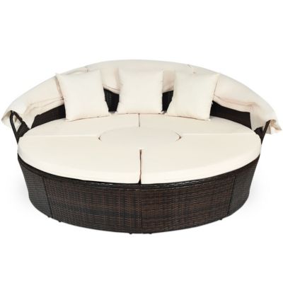 Patio Rattan Daybed Cushioned Sofa Adjustable Table Top Canopy 3 Pillows