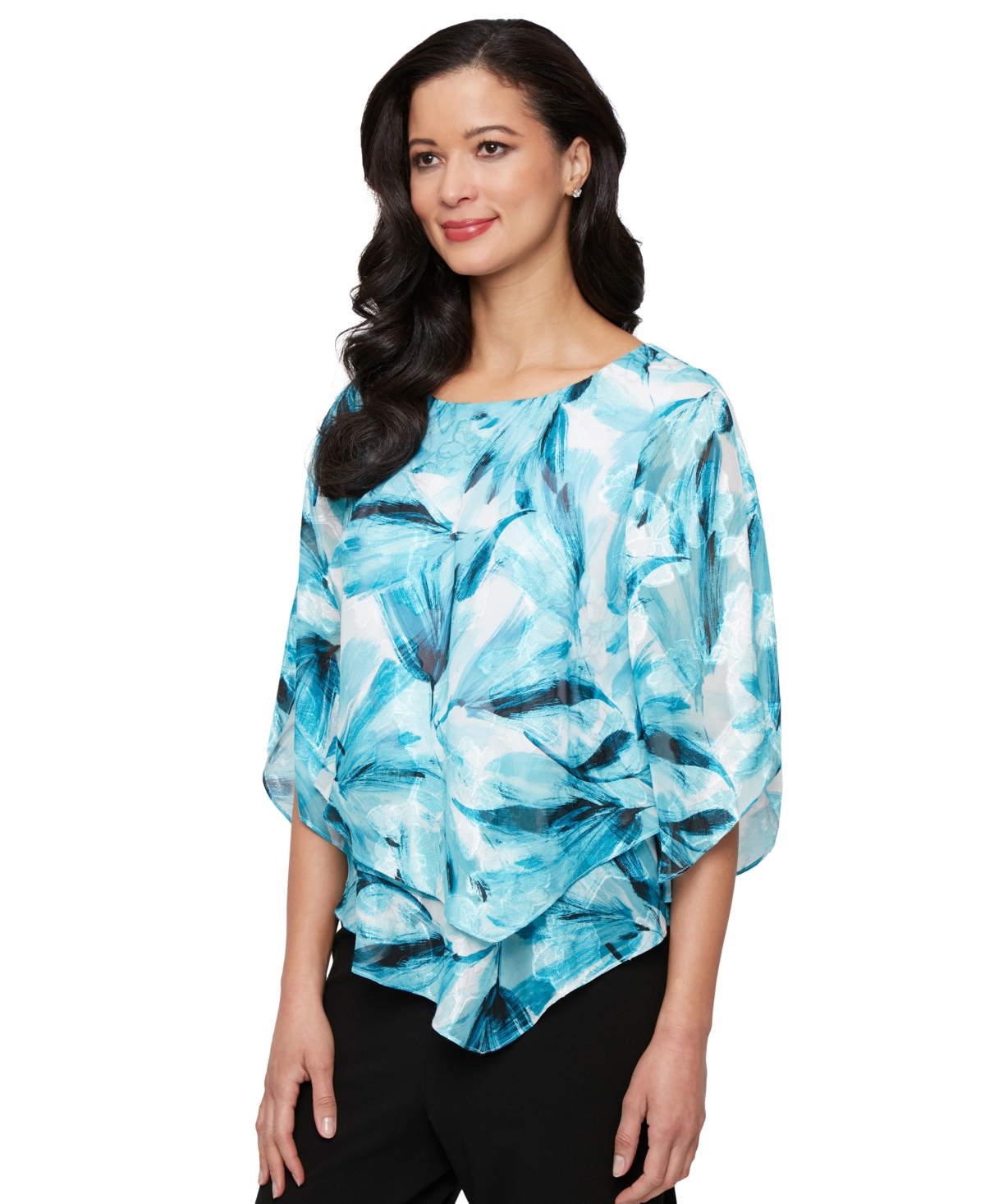 Women's Printed Chiffon Burnout Blouse - Aqua Multi