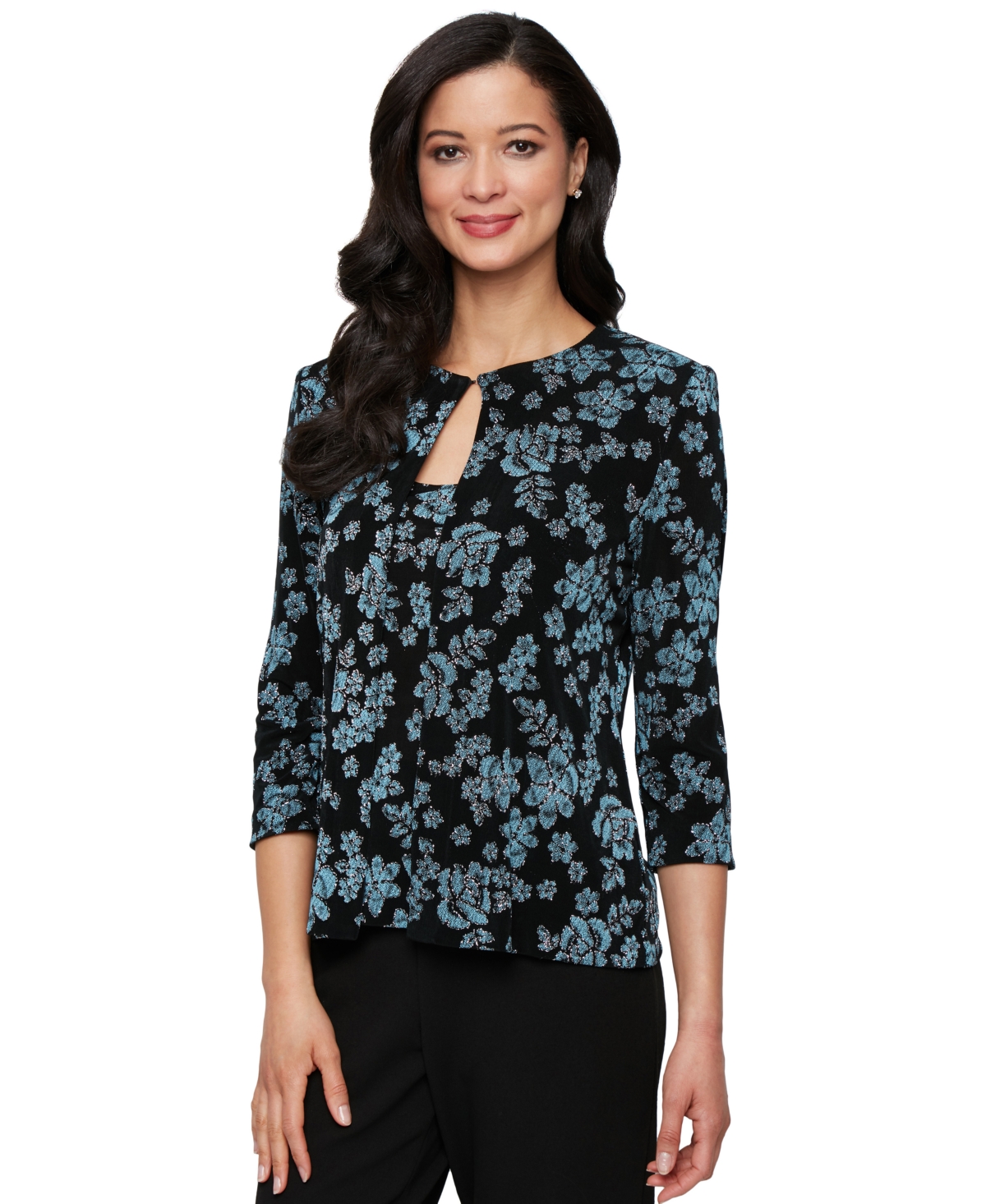 Petite 3/4-Sleeve Glitter Twinset - Black Aqua