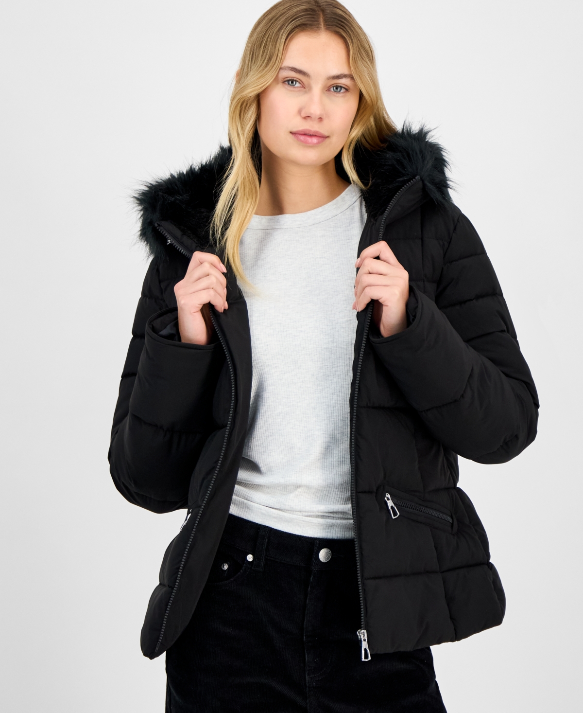 Maralyn & Me Juniors' Faux-fur Hooded Puffer Coat In Black