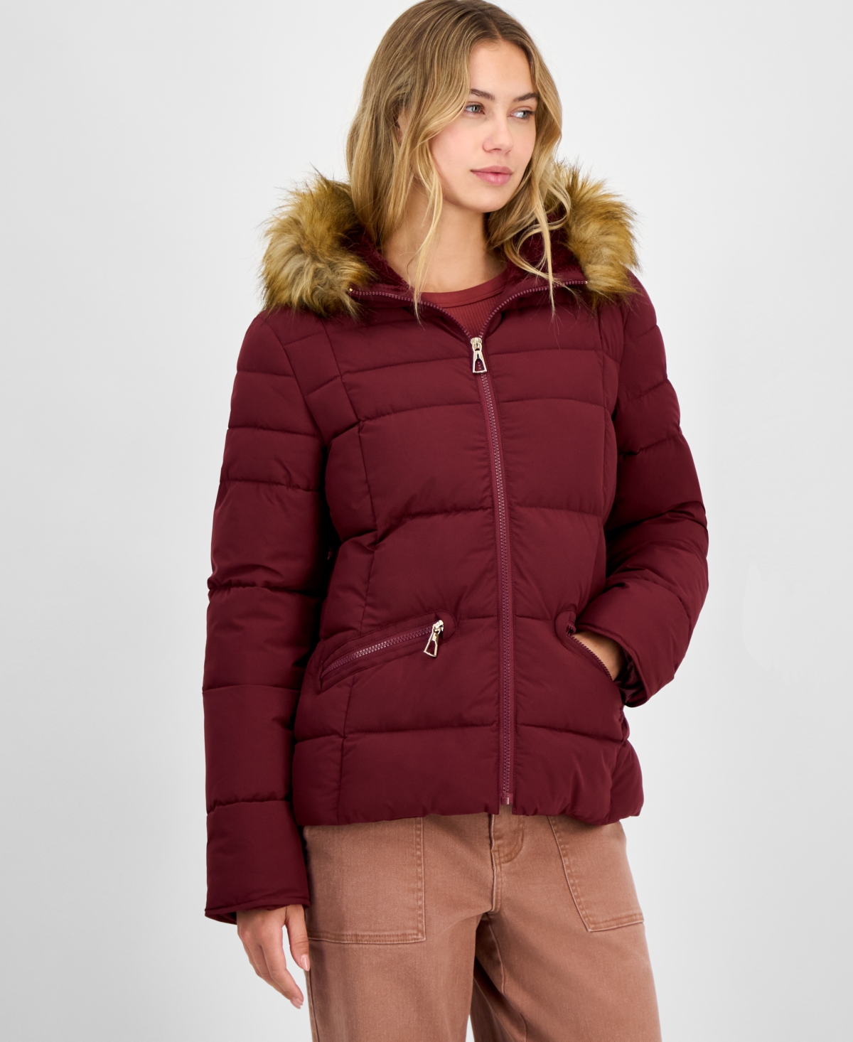 Maralyn & Me Juniors' Faux-fur Hooded Puffer Coat In Burgundy