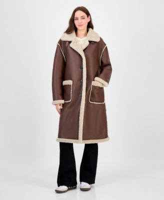 Juniors' Long Faux-Shearling-Trimmed Coat