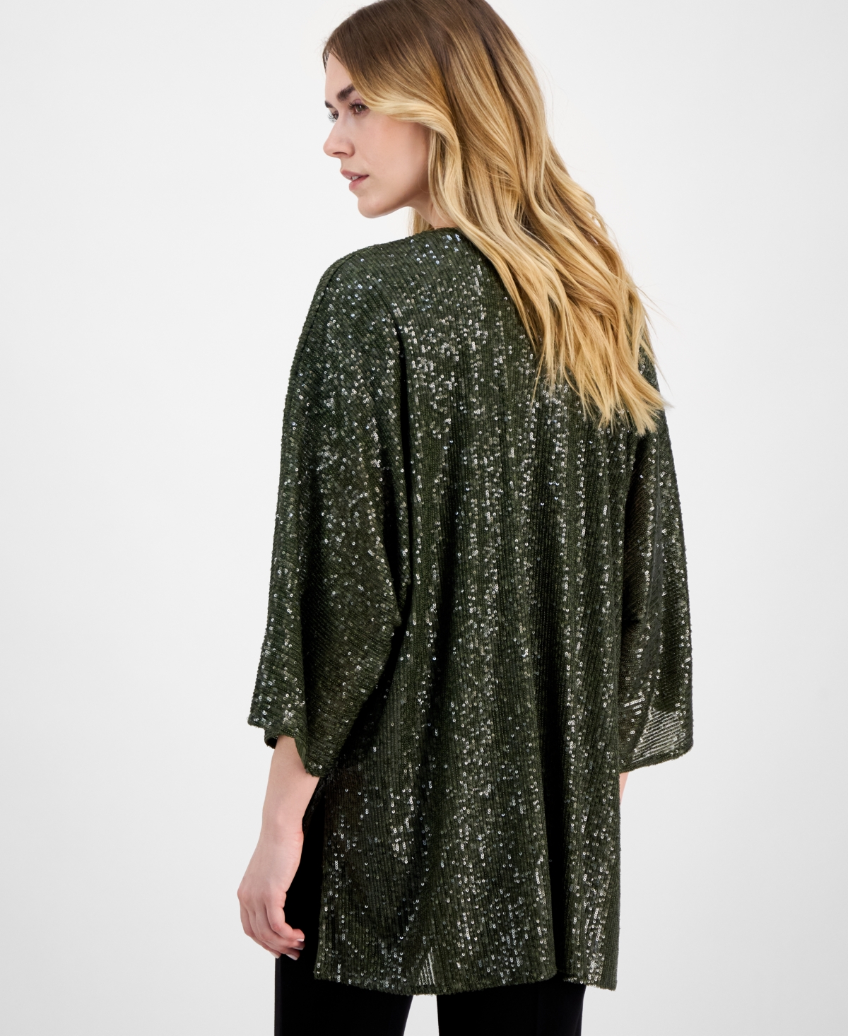 Anne Klein Women's Sequined Open-front Mesh Kimono Cardigan