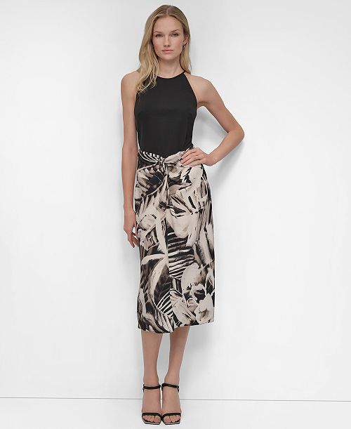 alfani DKNY Women's Mixed-Media Tie-Front Midi Dress Women's Fashion Shoes & Accessories