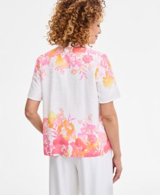 売れ筋商品|||ジェイエムコレクション カットソー トップス レディース Women's Printed Linen Blend Split-Neck Top, Exclusively at Macy's Bright White Combo JM Collection Women's Printed Linen Blend Split-Neck Top