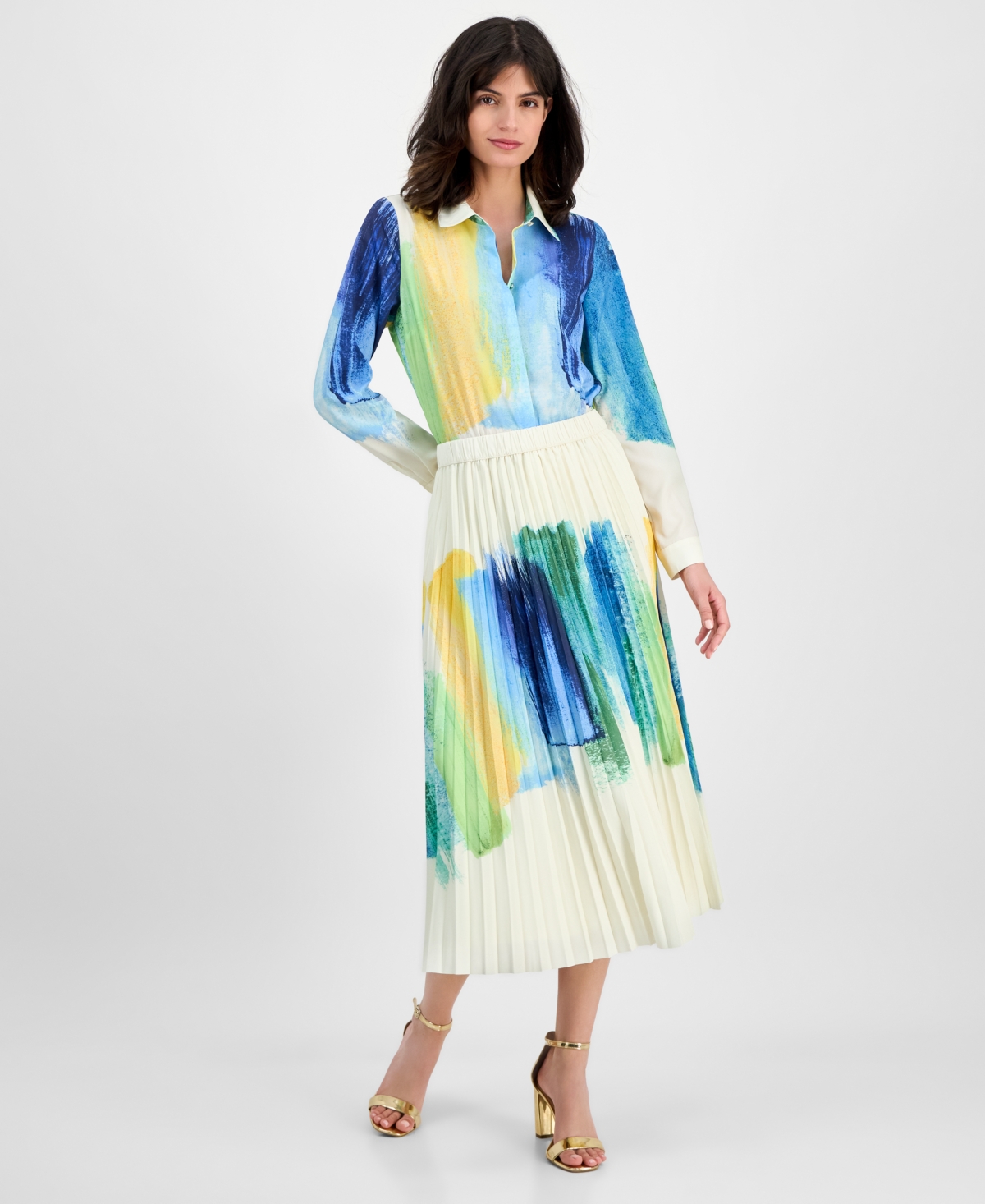 Women's Brushstroke-Print Pleated Midi Skirt - Summer Brush