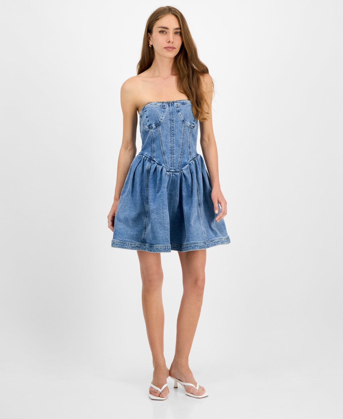 Steve Madden Rina Strapless Denim Peplum Top In Blue
