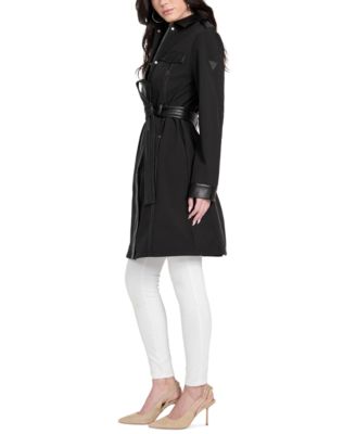 Women's Faux-Leather-Trim Belted Trench Coat