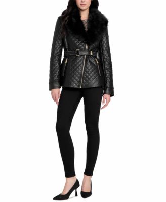 Women's Quilted Faux-Fur-Collar Faux-Leather Jacket