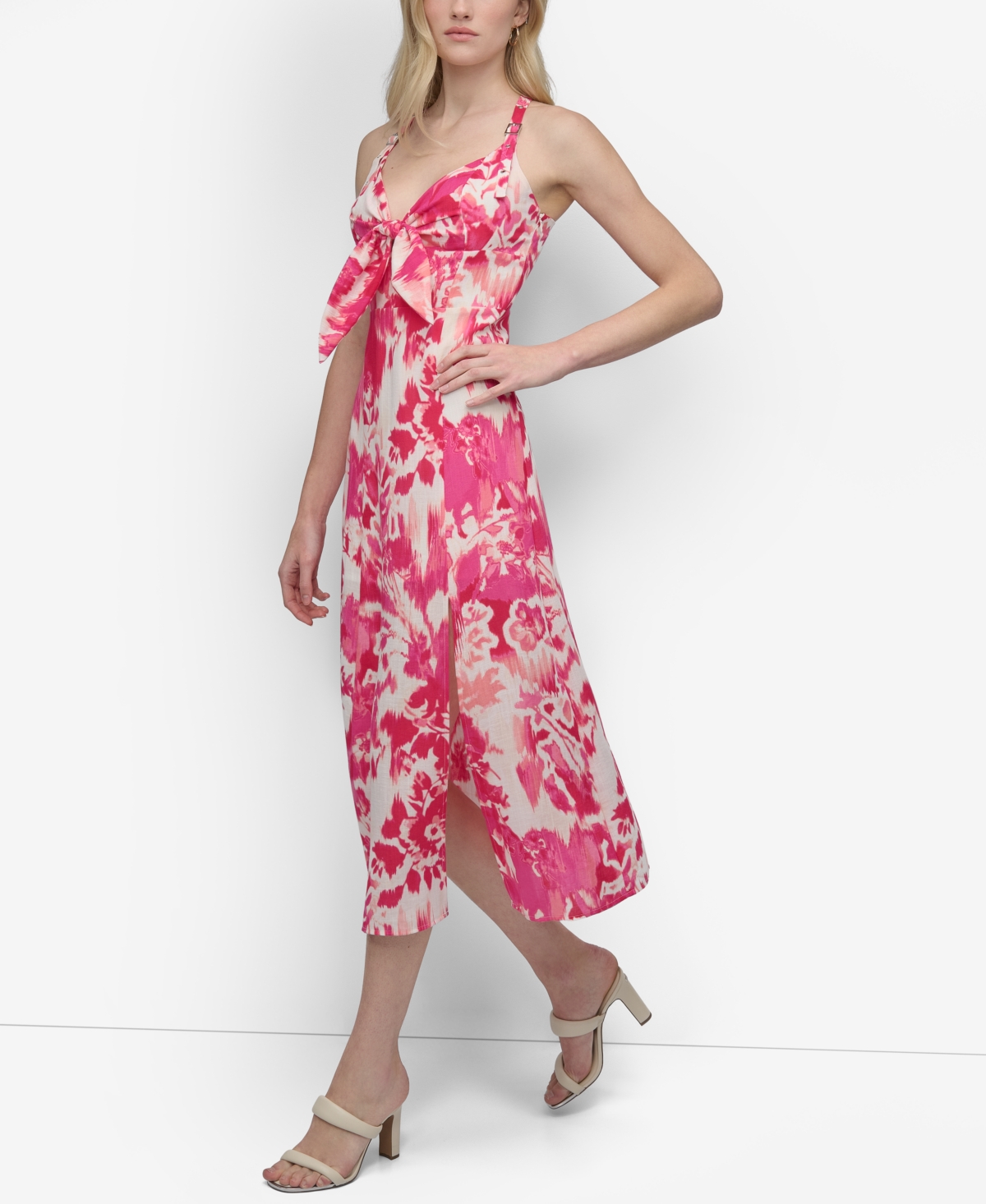 DKNY WOMEN'S BOW-FRONT BUCKLED-STRAP MIDI DRESS 