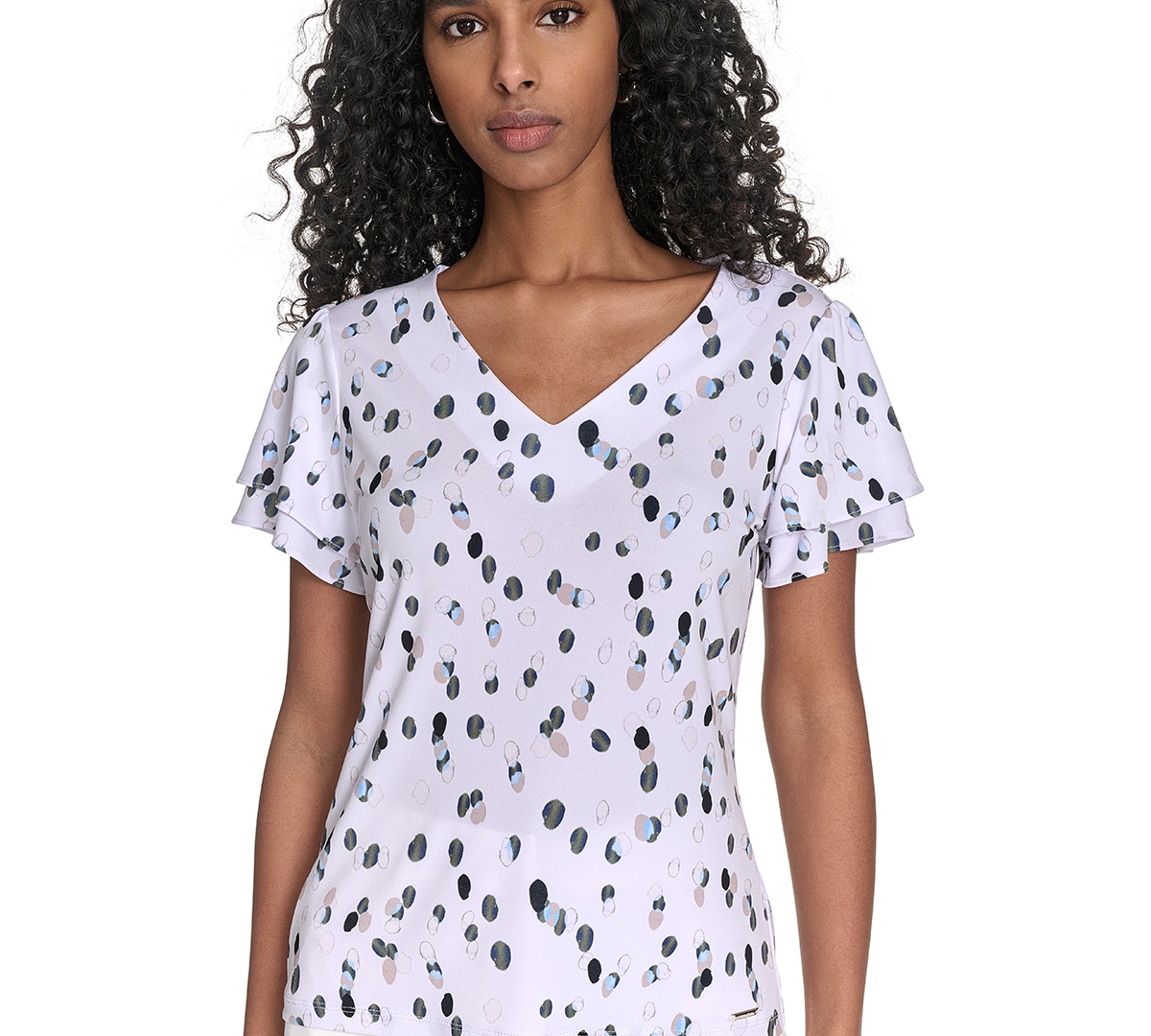 CALVIN KLEIN PETITE PRINTED FLUTTER-SLEEVE TOP 