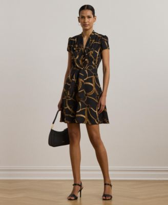 Womens Belting Print Crepe Tie Front Dress 0 14p