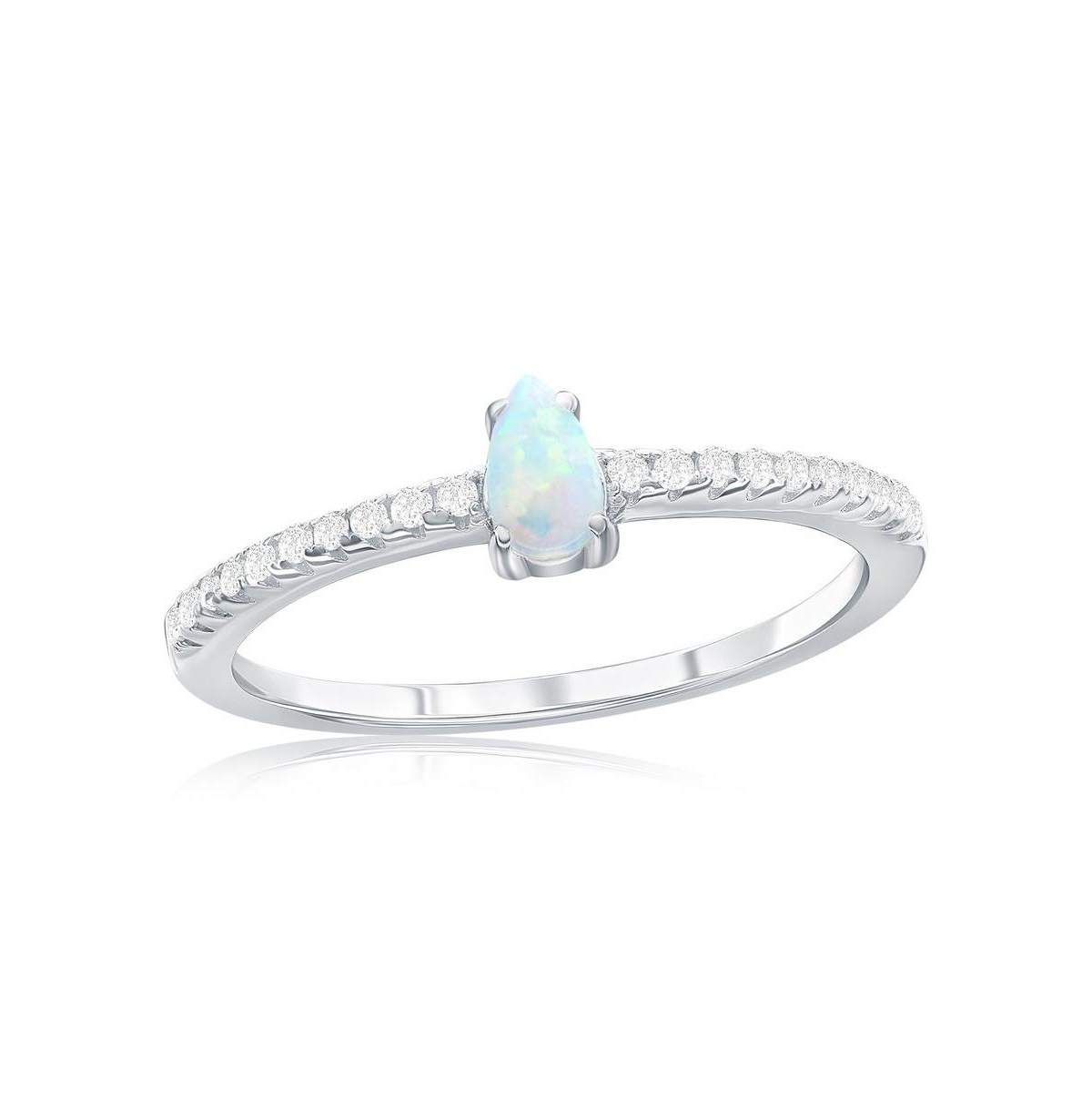 Sterling Silver, Oval White Synthetic Opal & Cz Ring - Blue
