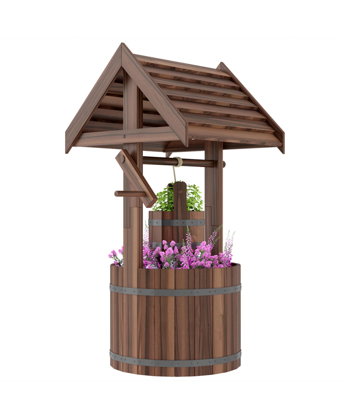 Outsunny Wishing Well Planter with Bucket, Wooden Wishing Well