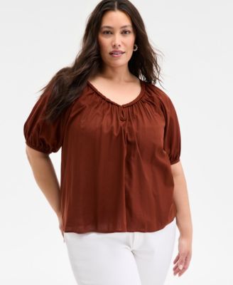 On 34th - Trendy Plus Size Braided-Trim Short-Sleeve Top