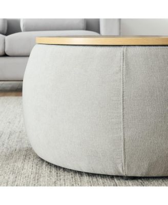 Multifunctional Round Ottoman Coffee Table with Wood Lid Hidden Seat and Storage for Bedroom or Living Room No Assembly Needed