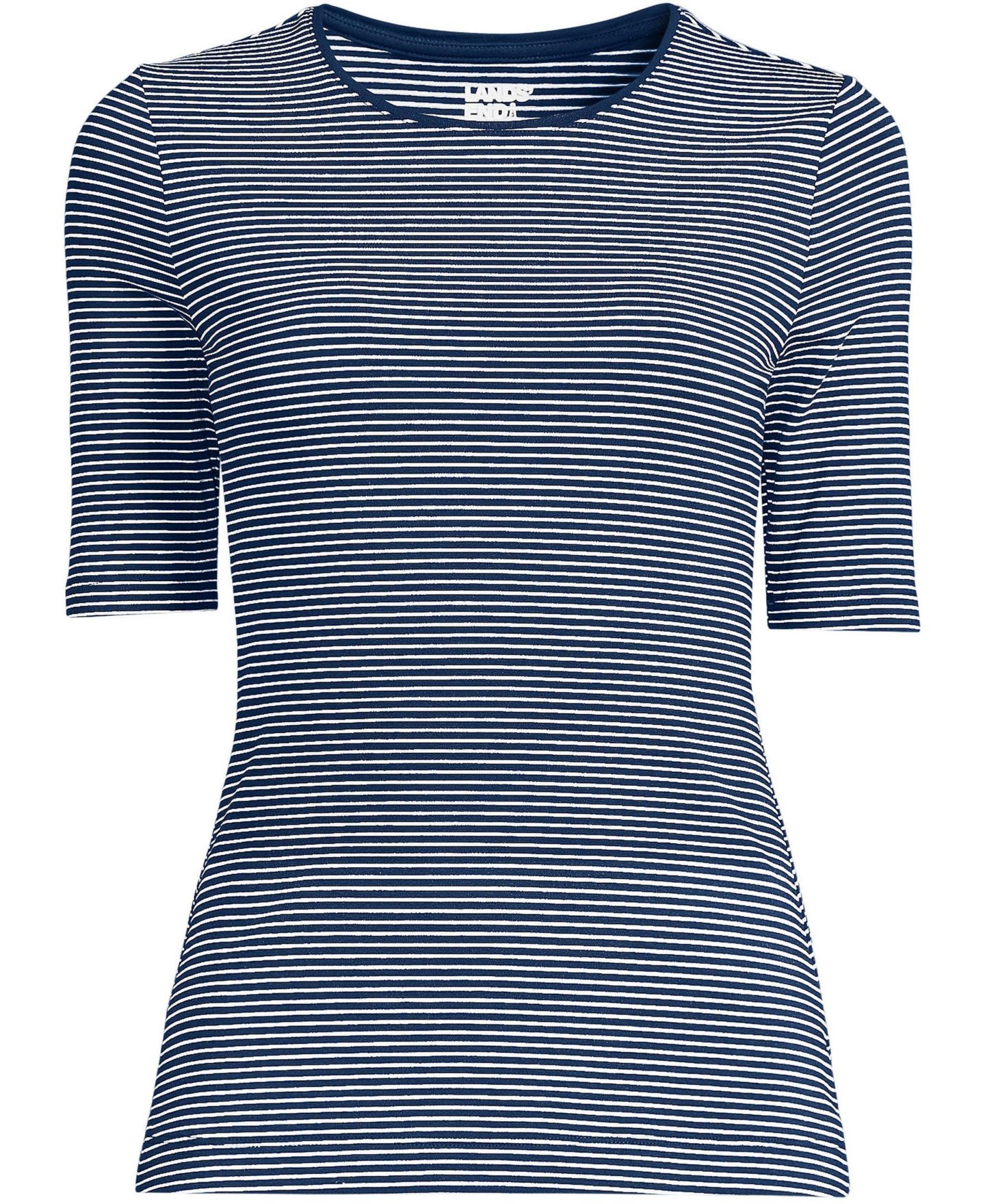 Женская футболка Lands' End Lightweight Jersey Skimming Elbow Sleeve Crew Neck, цвет: Морской тёмно-синий полосатый — фото 3