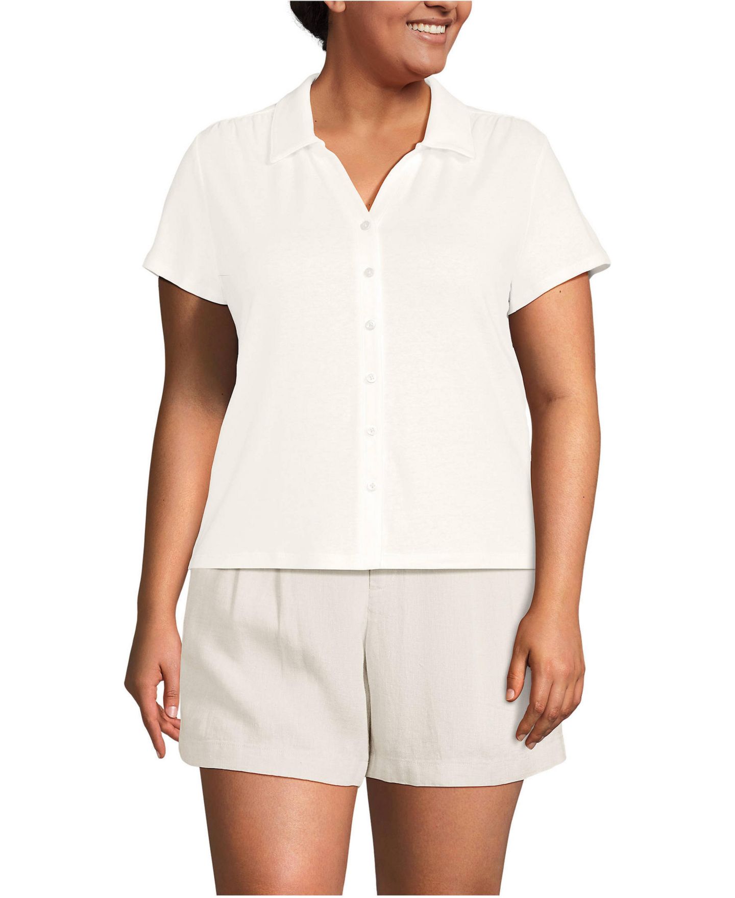 Женский топ Lands' End Plus Size Linen Blend Short Sleeve Button Front Polo, цвет: Слоновая кость — фото 1