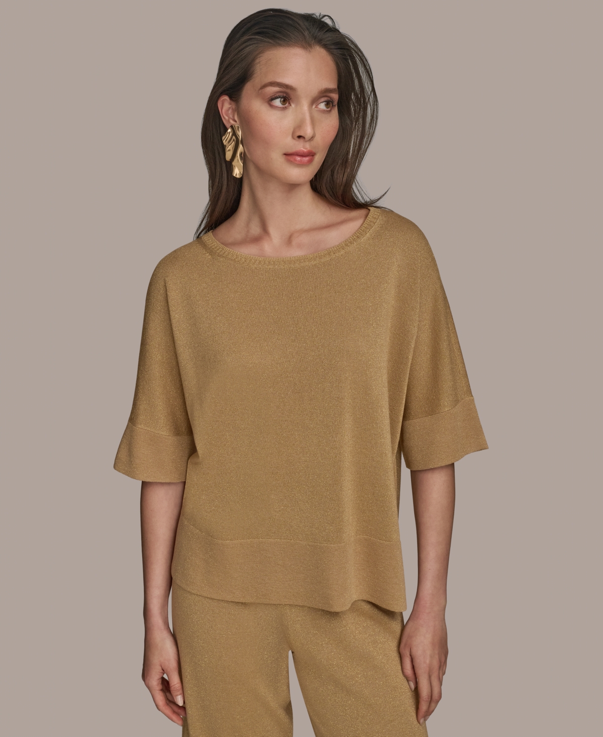 Women's Elbow-Sleeve Metallic Sweater - Smokey Olive/gold