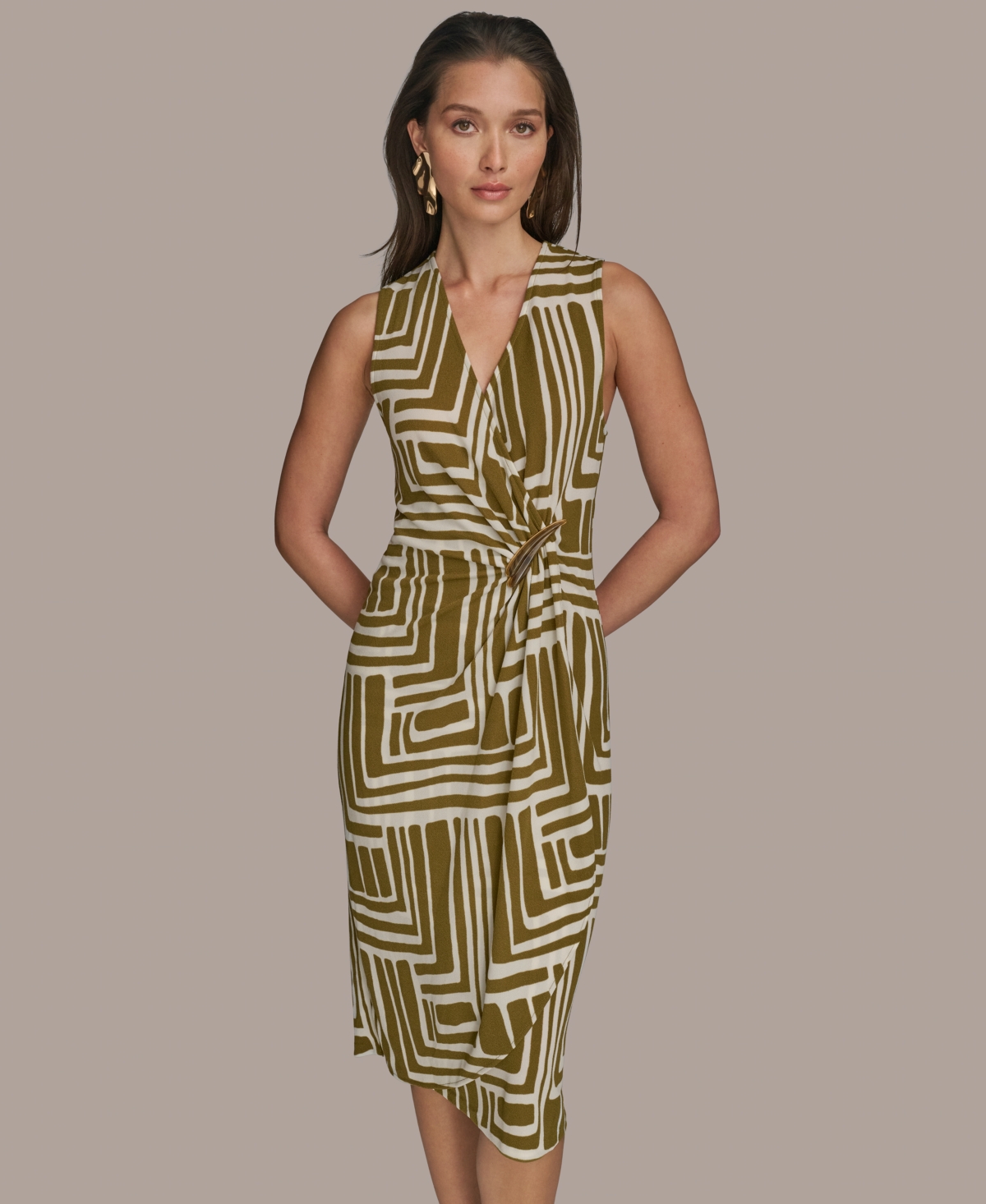 Women's Printed V-Neck Sleeveless Dress - Smokey Olive/cream