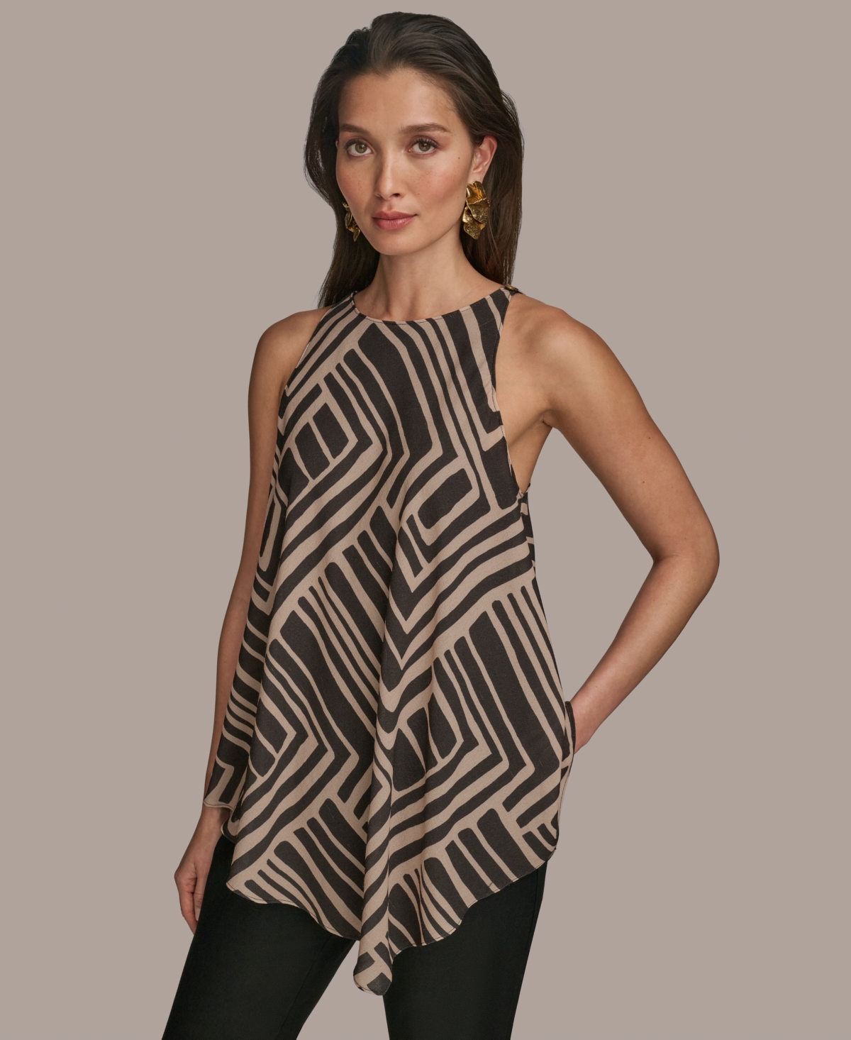 Women's Printed Sleeveless Blouse - Blk/sand Combo
