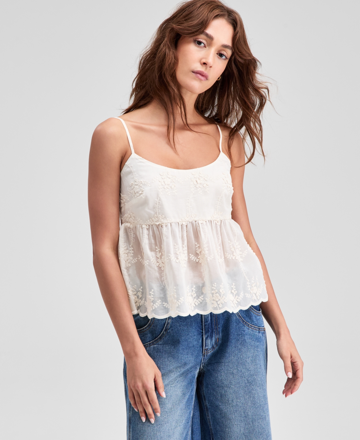 Women's Straight-Neck Embroidered Tank Top, Macy's Exclusive - Palomino