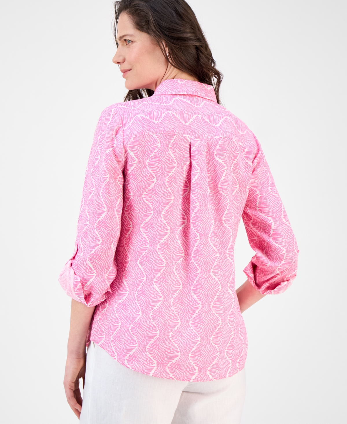 CHARTER CLUB PETITE PRINTED ROLL-TAB SHIRT, EXCLUSIVELY AY MACY'S 