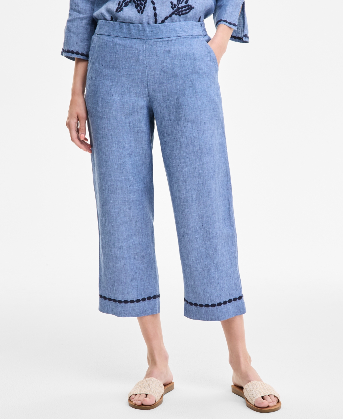 Shop Charter Club Women's Embroidered-cuff 100% Linen Woven Cropped Pants, Exclusively At Macy's