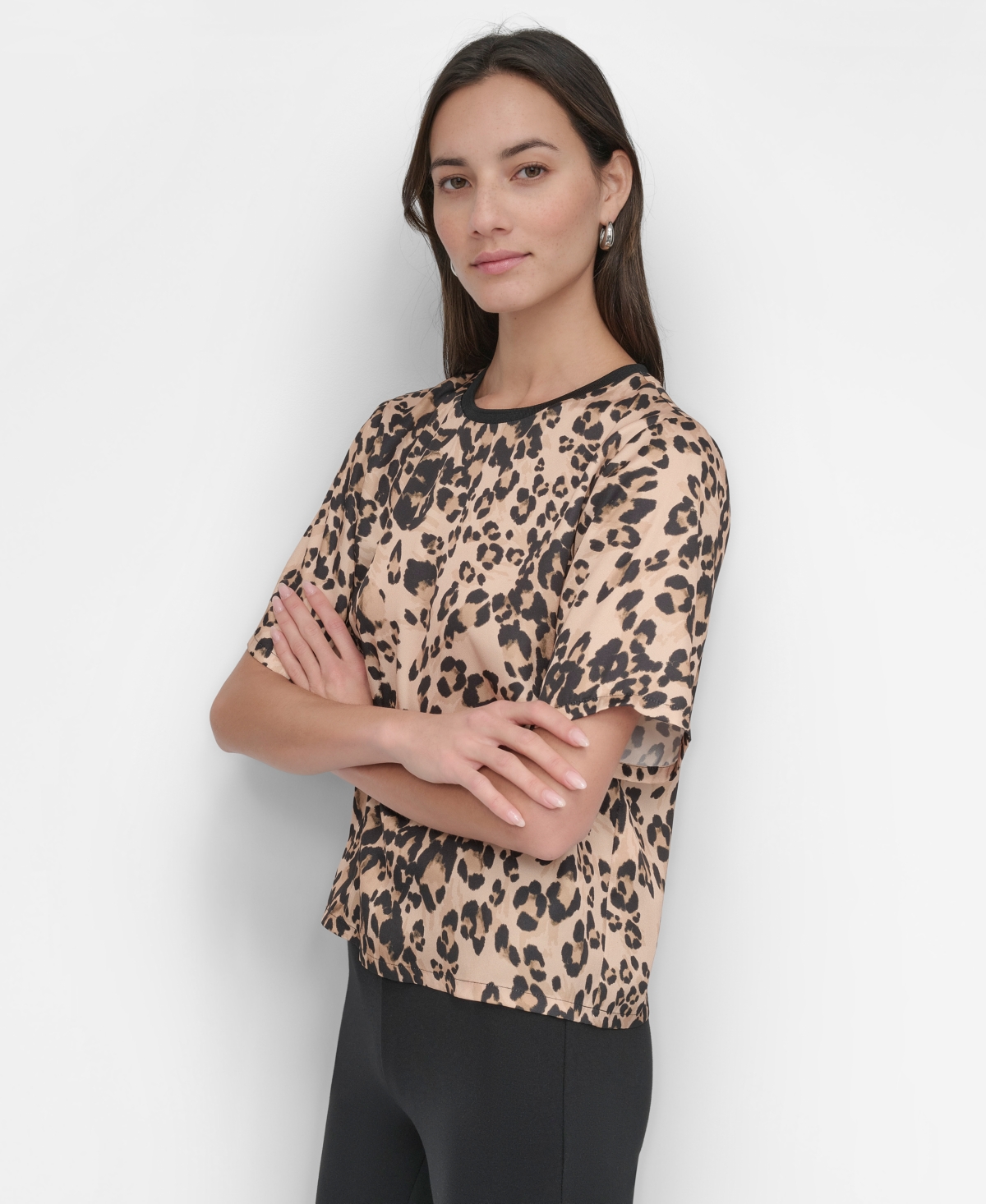 Dkny Print Scarf Twill Short Sleeve Top In Multi