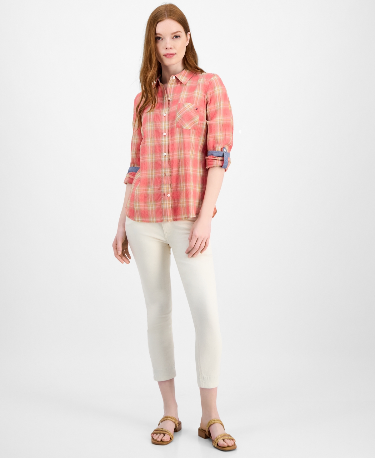 Tommy Hilfiger Women's Crinkled Plaid Roll-tab Shirt