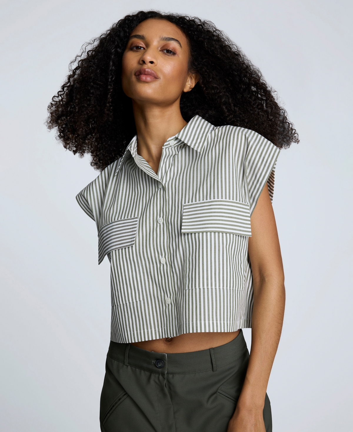 Women's Cotton Striped Cropped Sleeveless Shirt - Pure White/Camo Green