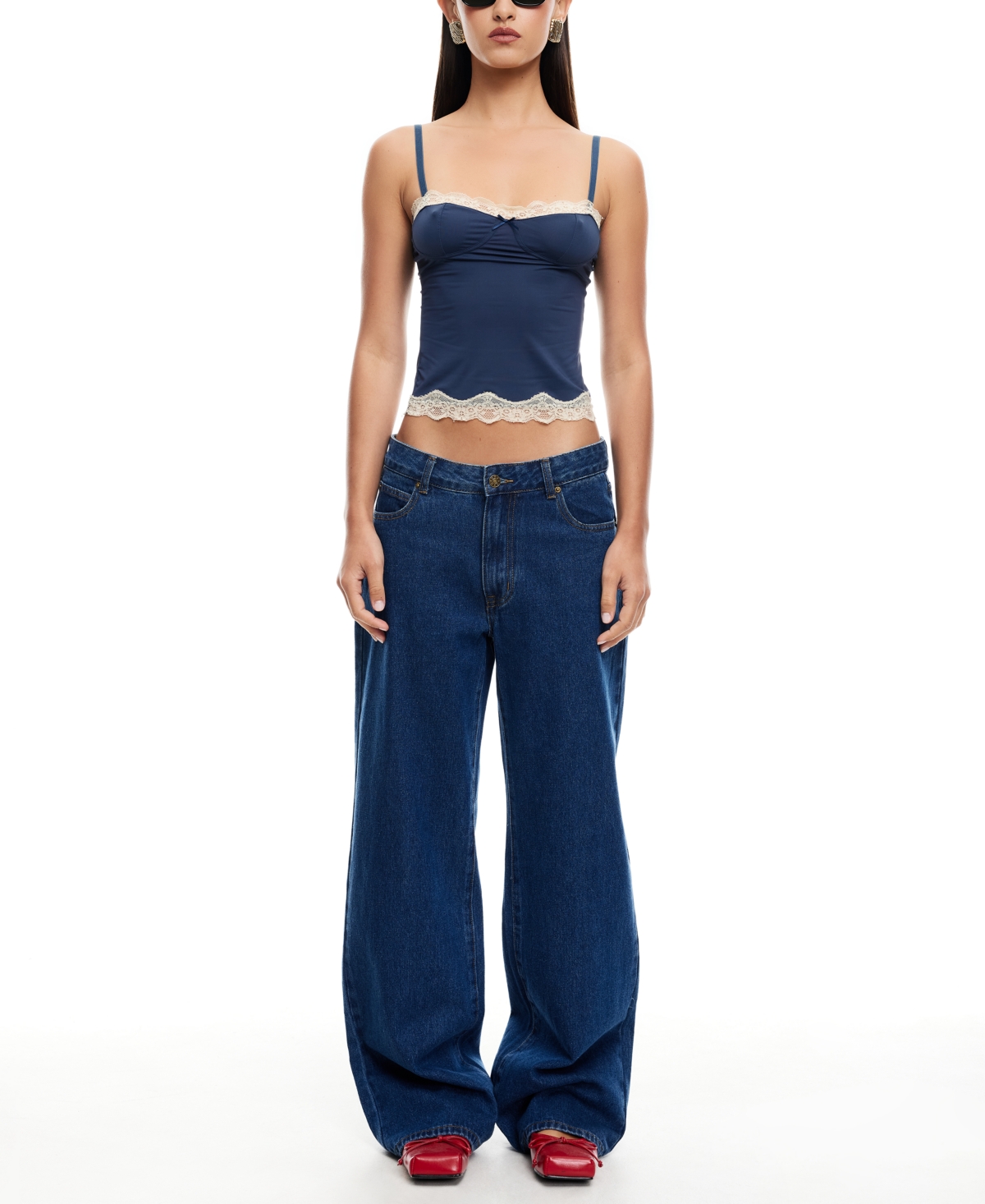 Lioness Slouched Tie Up Jeans In Dark Denim