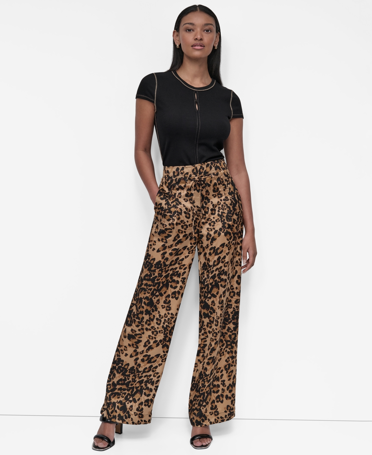 Dkny Print Drawstring Wide Leg Pants In Multi
