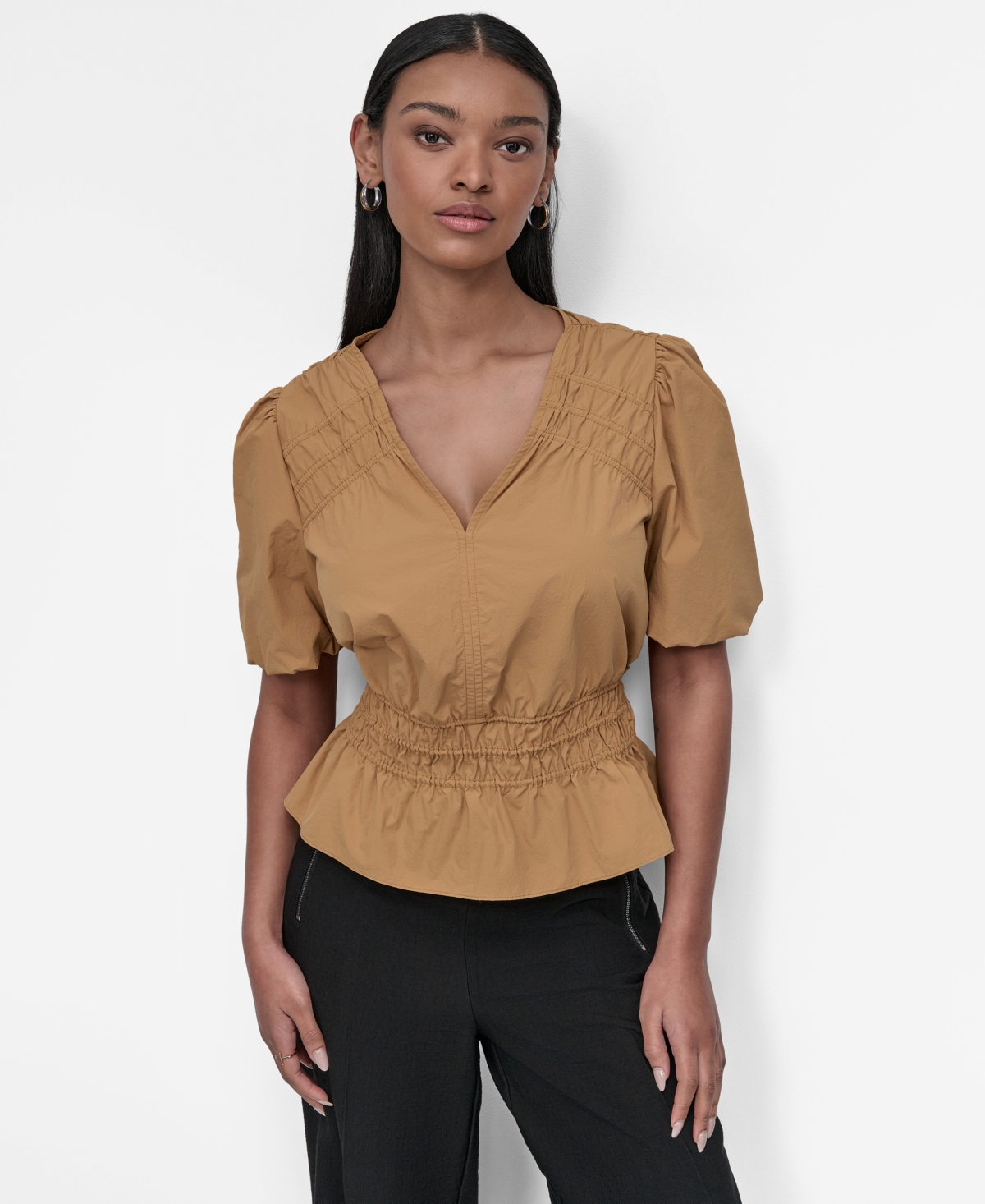 Women's V-Neck Puff-Sleeve Peplum Top - Whiskey
