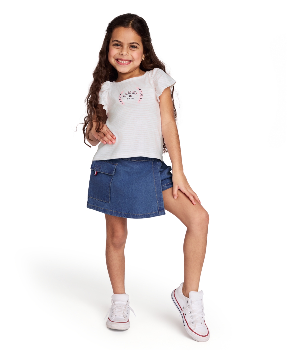 Tommy Hilfiger Toddler And Little Girls 2-piece Printed Flutter Sleeve Top And Denim Pleated Skirt