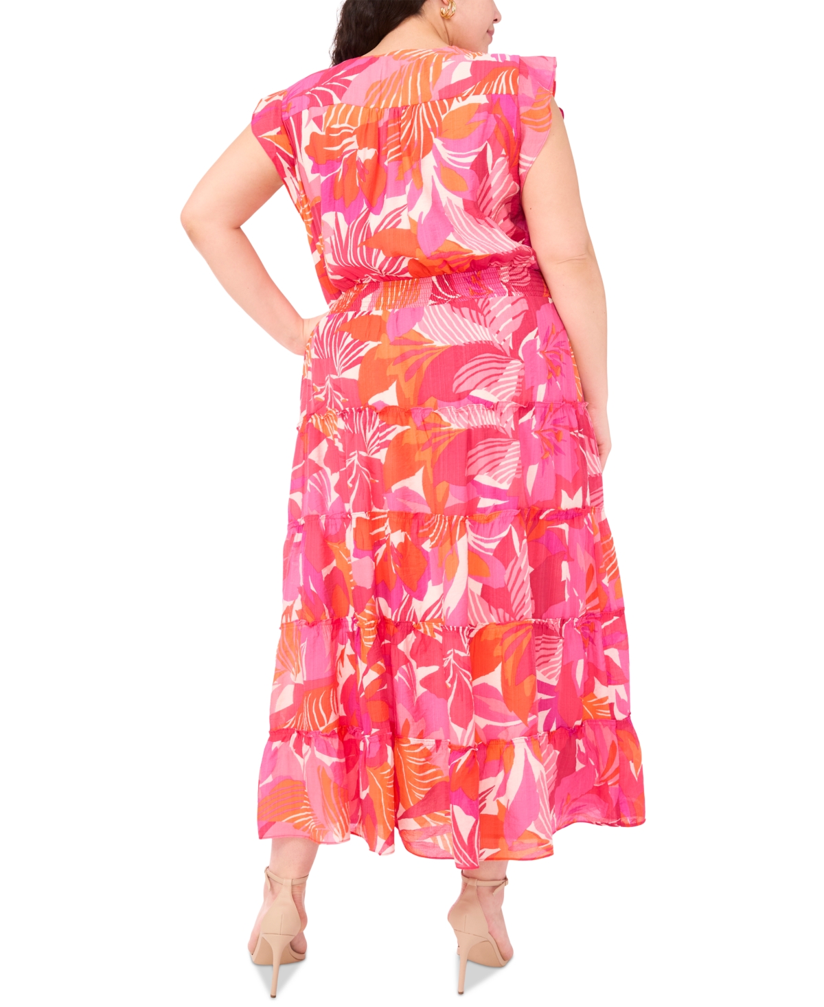 Msk Plus Size Printed Flutter-sleeve Tiered Maxi Dress