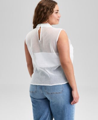 Trendy Plus Size Cotton Crochet Mock Neck Sleeveless Top, Exclusively at Macy's
