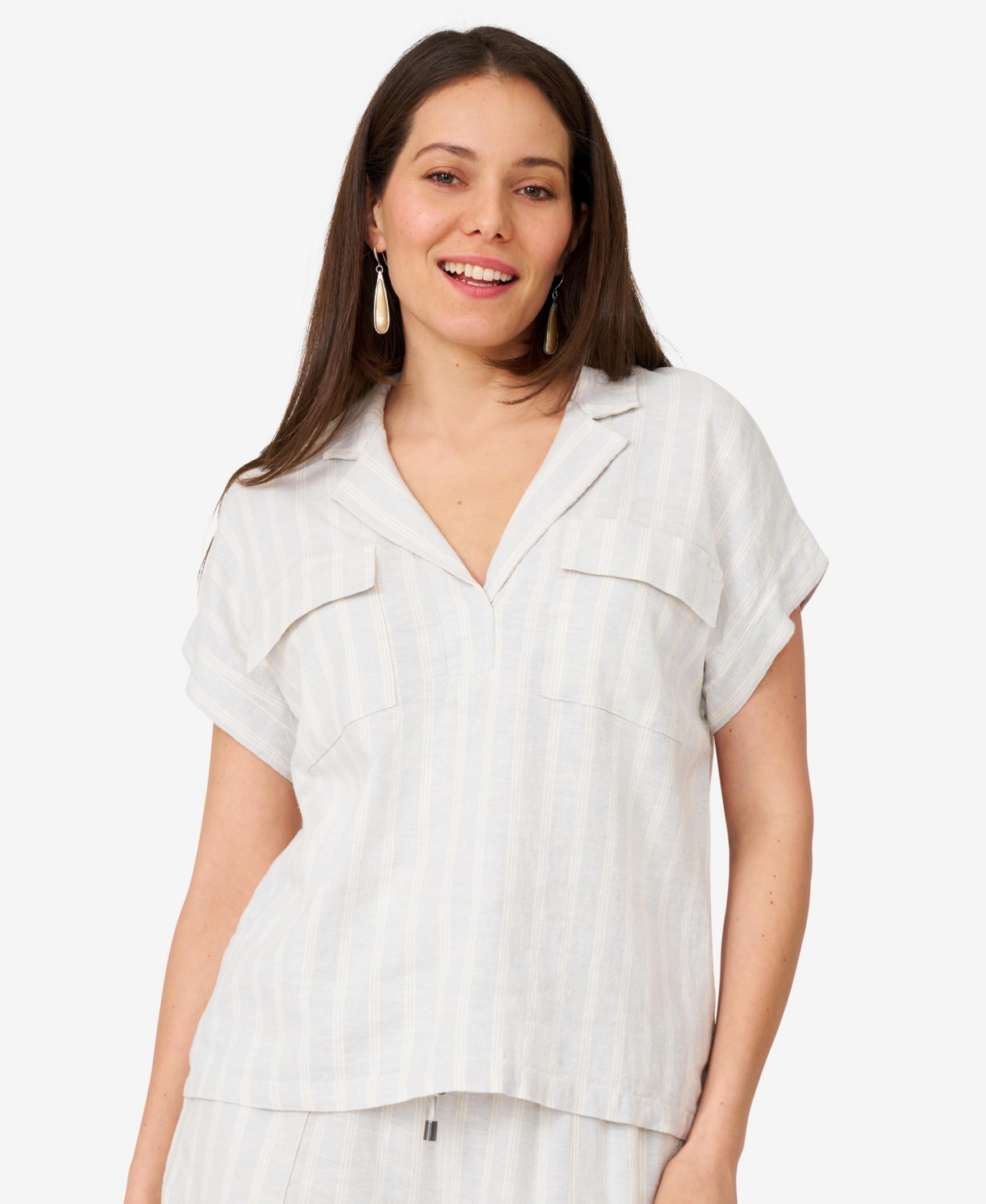 Women's Linen Blend Camp Shirt - Heather and white three strike